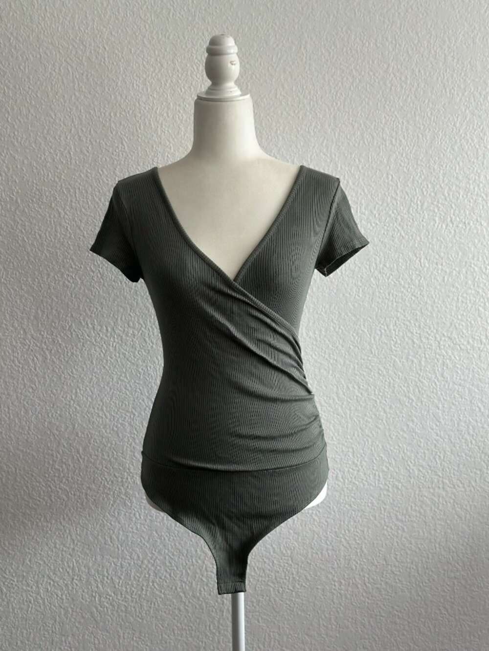 Lulus Olive Green Ribbed Wrap Bodysuit Small Stretch V-Neck Short Sleeve - Picture 3 of 8